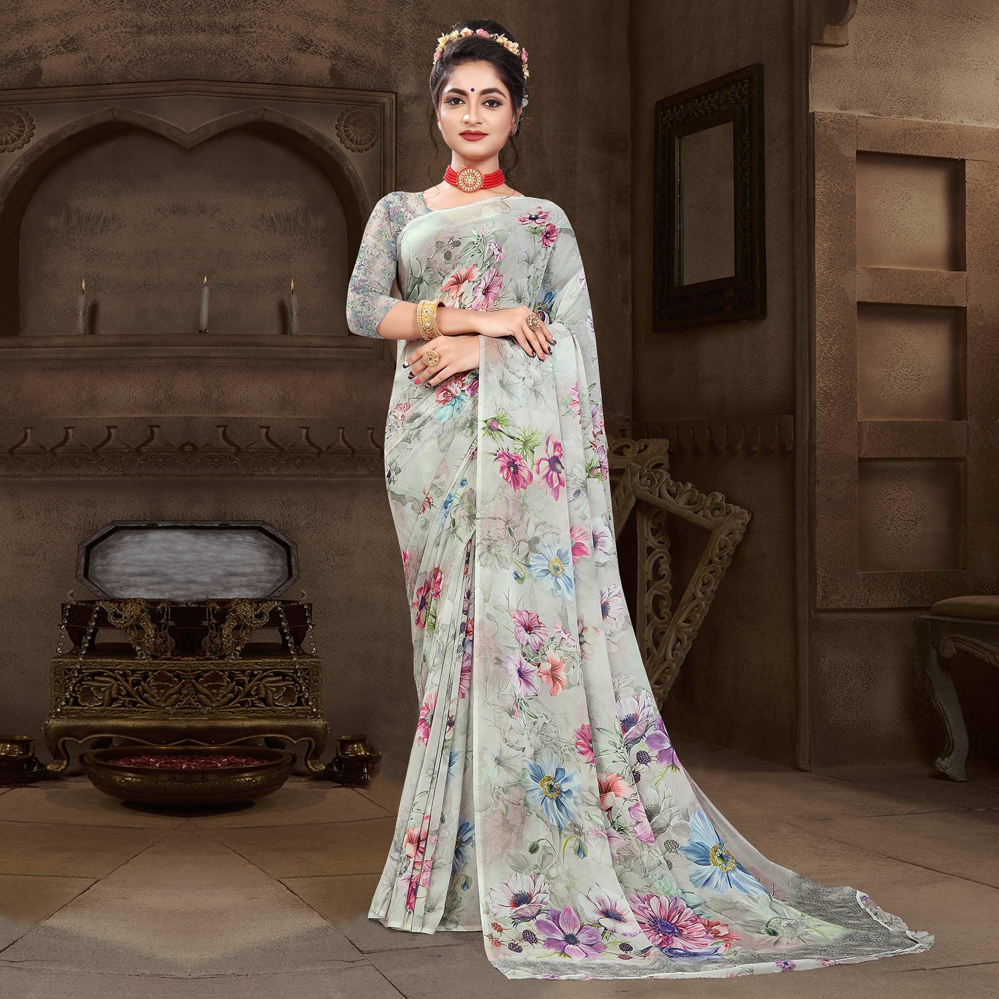 Grey Digital Printed Georgette Saree - Peachmode