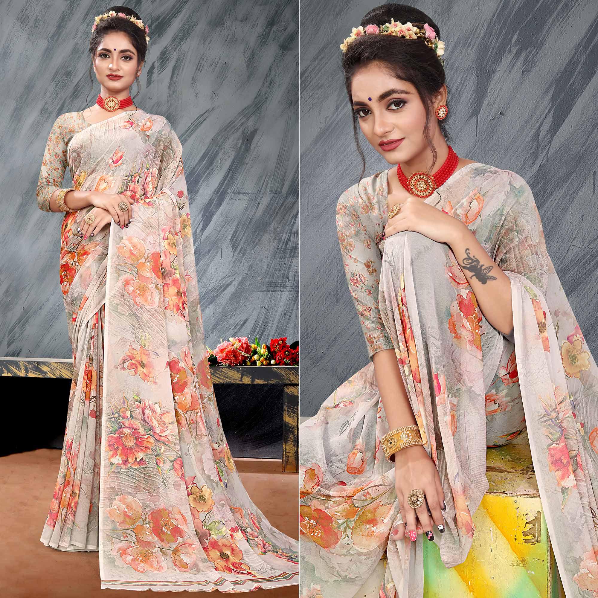 Grey Digital Printed Georgette Saree - Peachmode