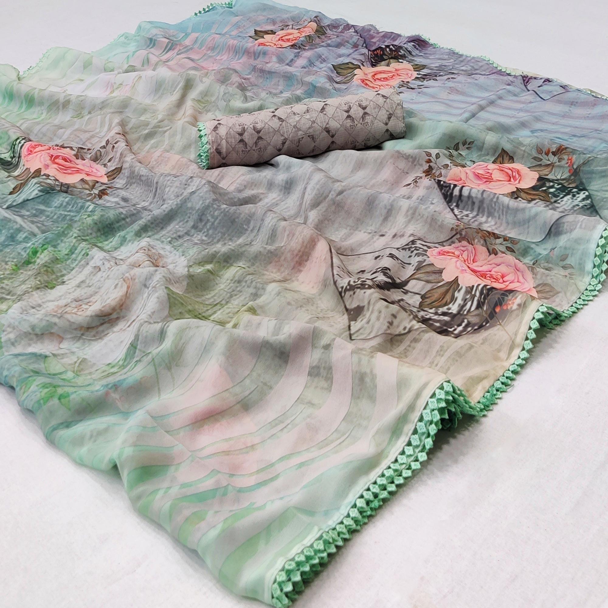 Grey Digital Printed Georgette Saree - Peachmode