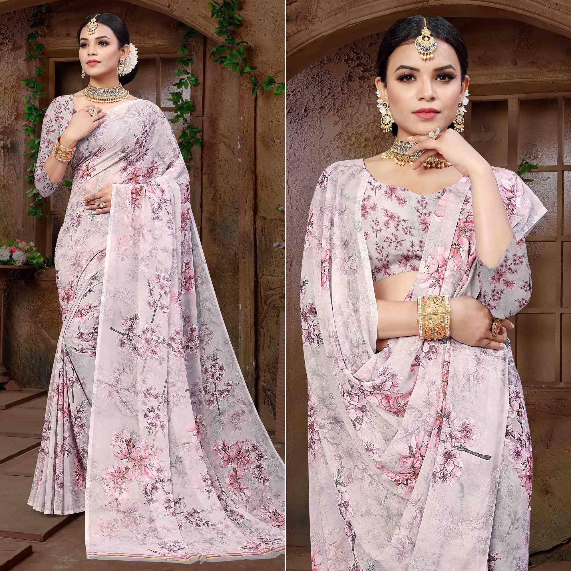 Grey Digital Printed Georgette Saree - Peachmode