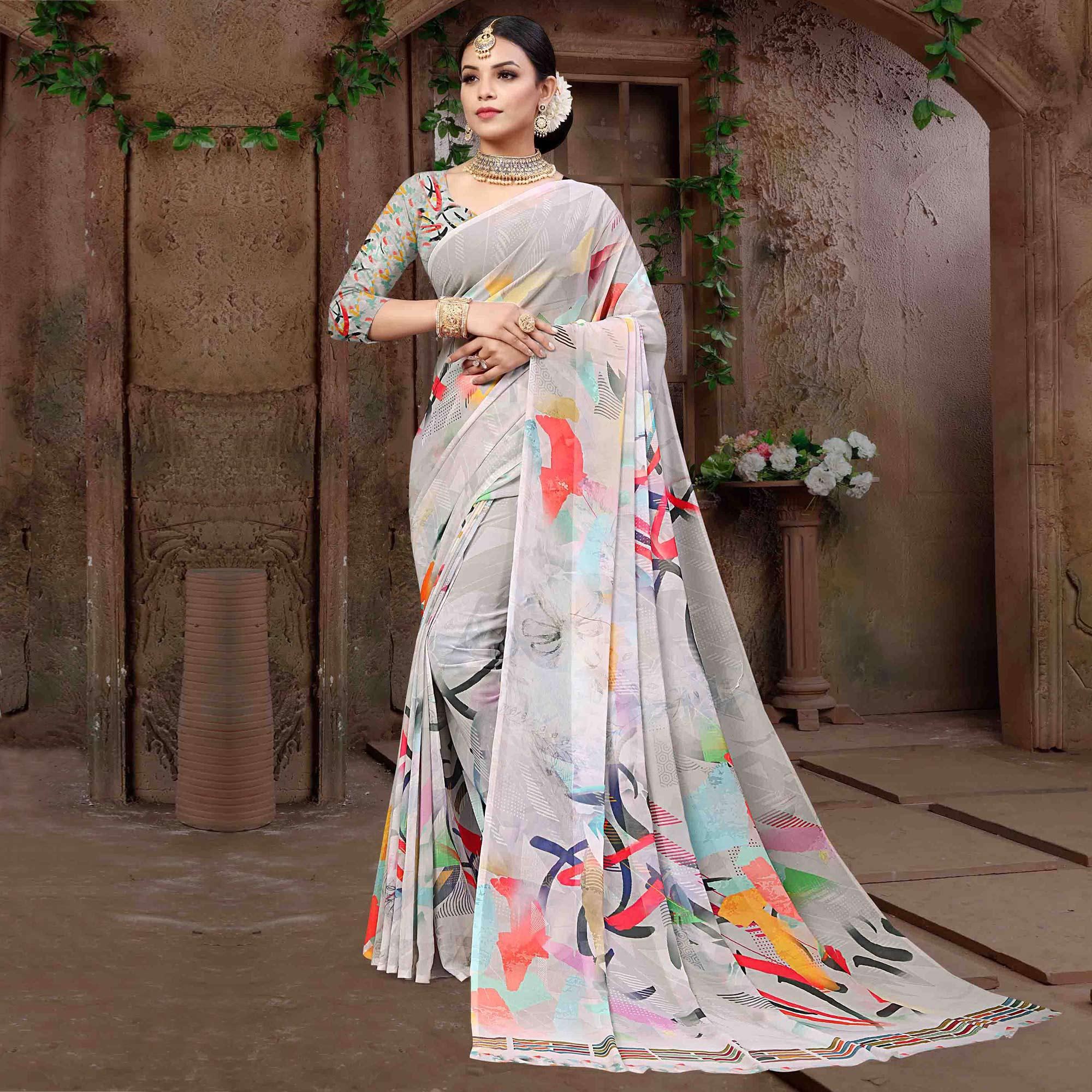 Grey Digital Printed Georgette Saree - Peachmode