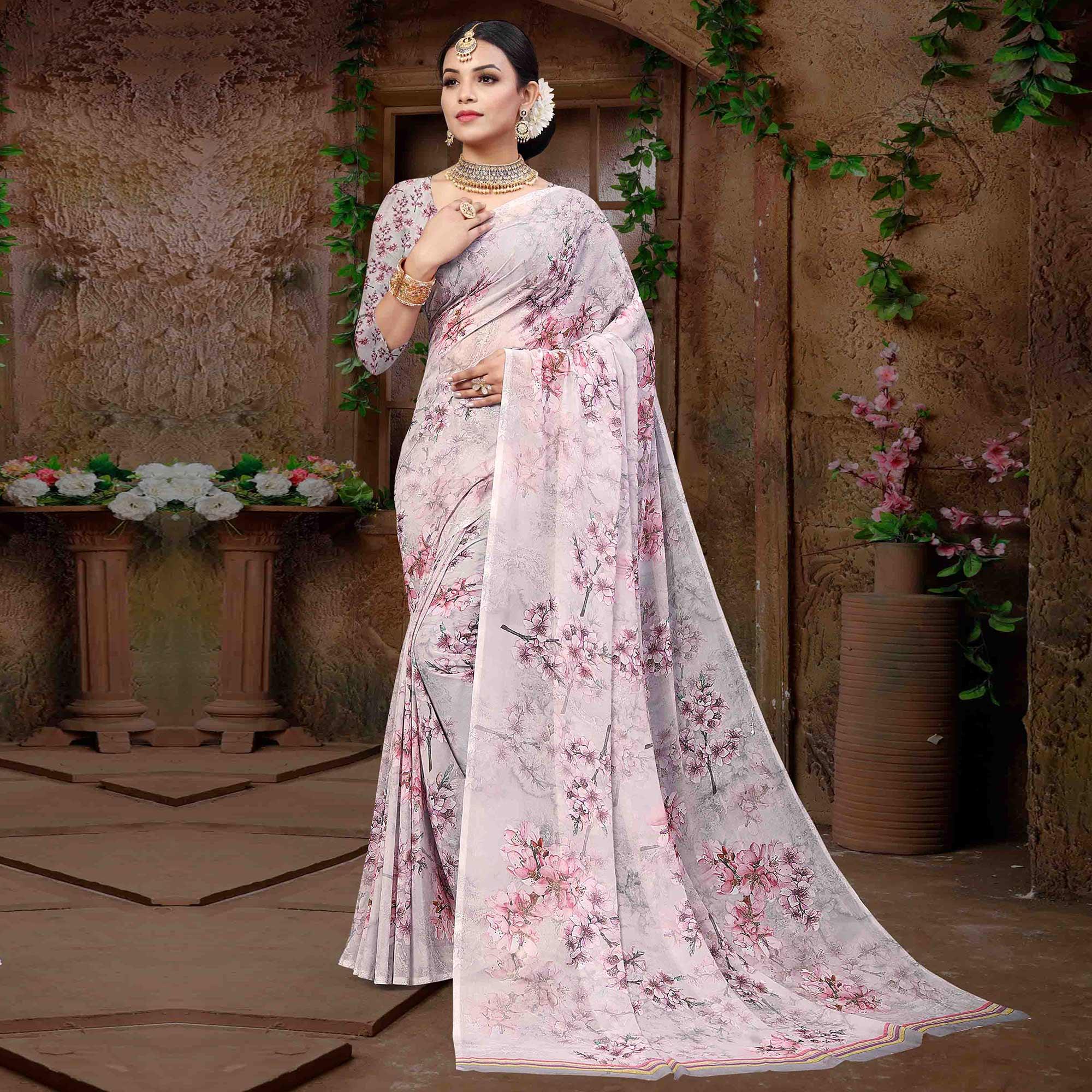 Grey Digital Printed Georgette Saree - Peachmode