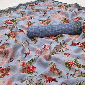 Grey Digital Printed Georgette Saree - Peachmode