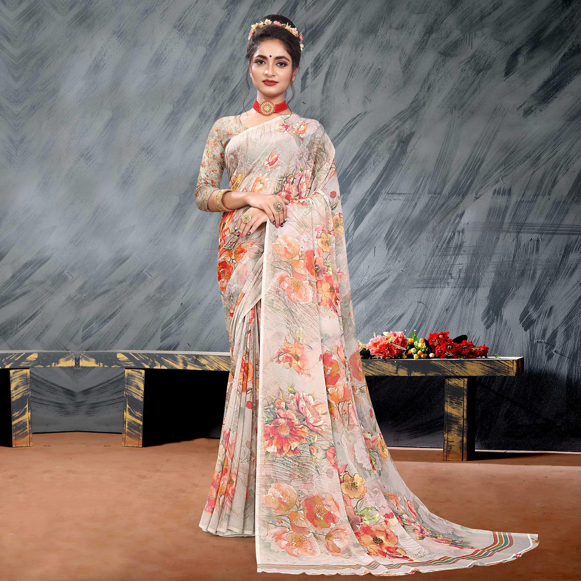 Grey Digital Printed Georgette Saree - Peachmode