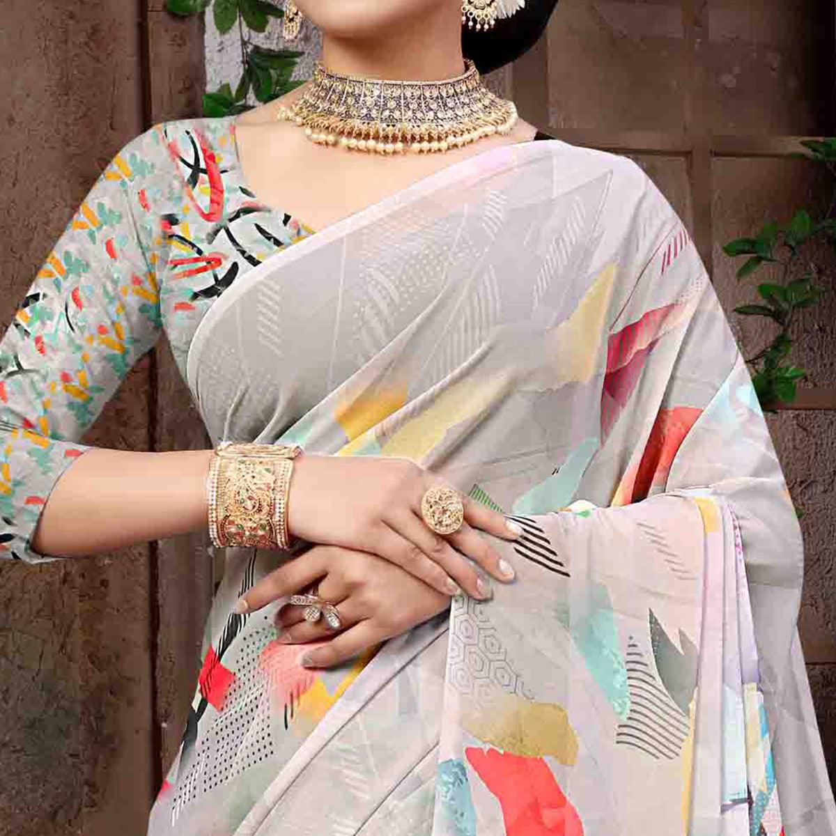 Grey Digital Printed Georgette Saree - Peachmode