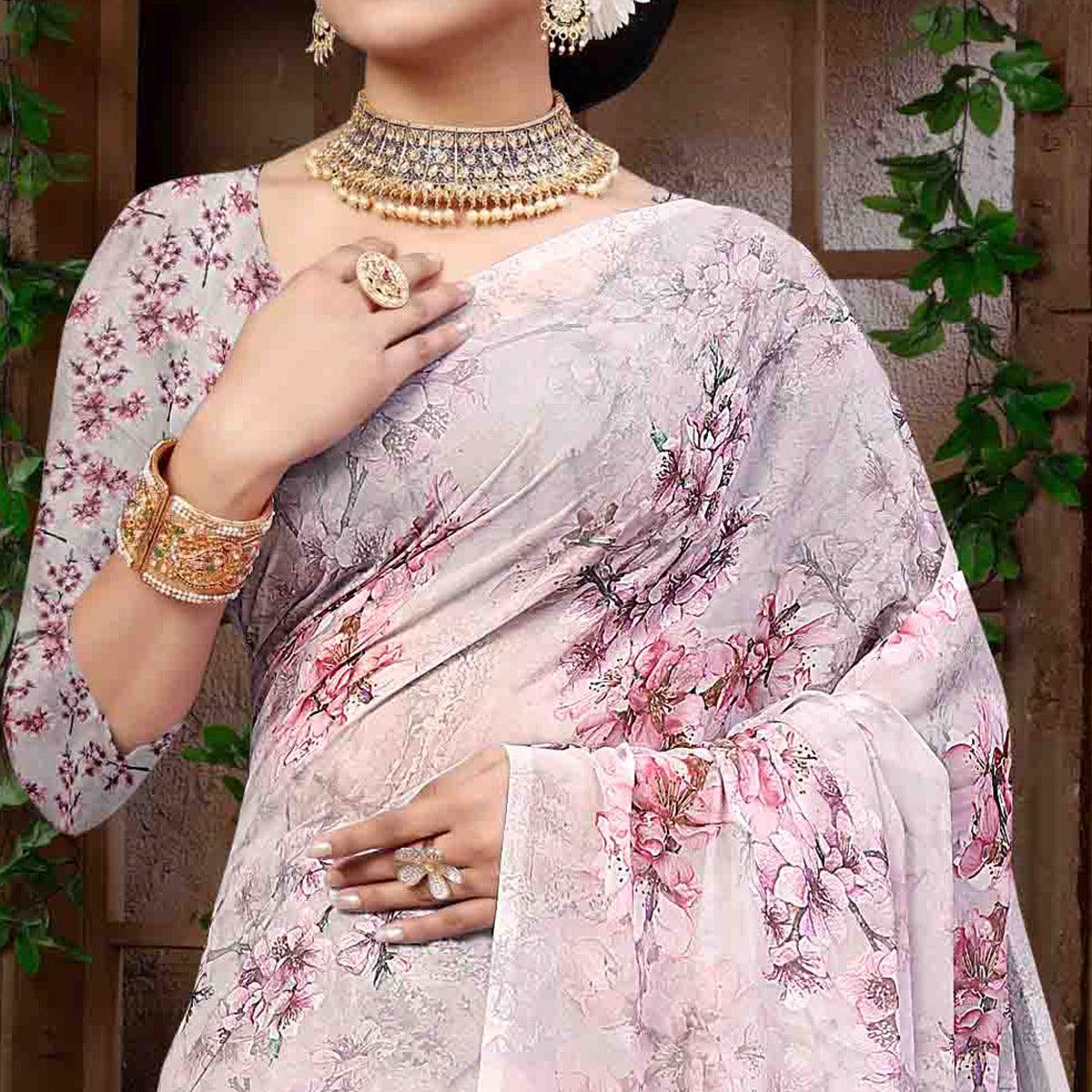Grey Digital Printed Georgette Saree - Peachmode