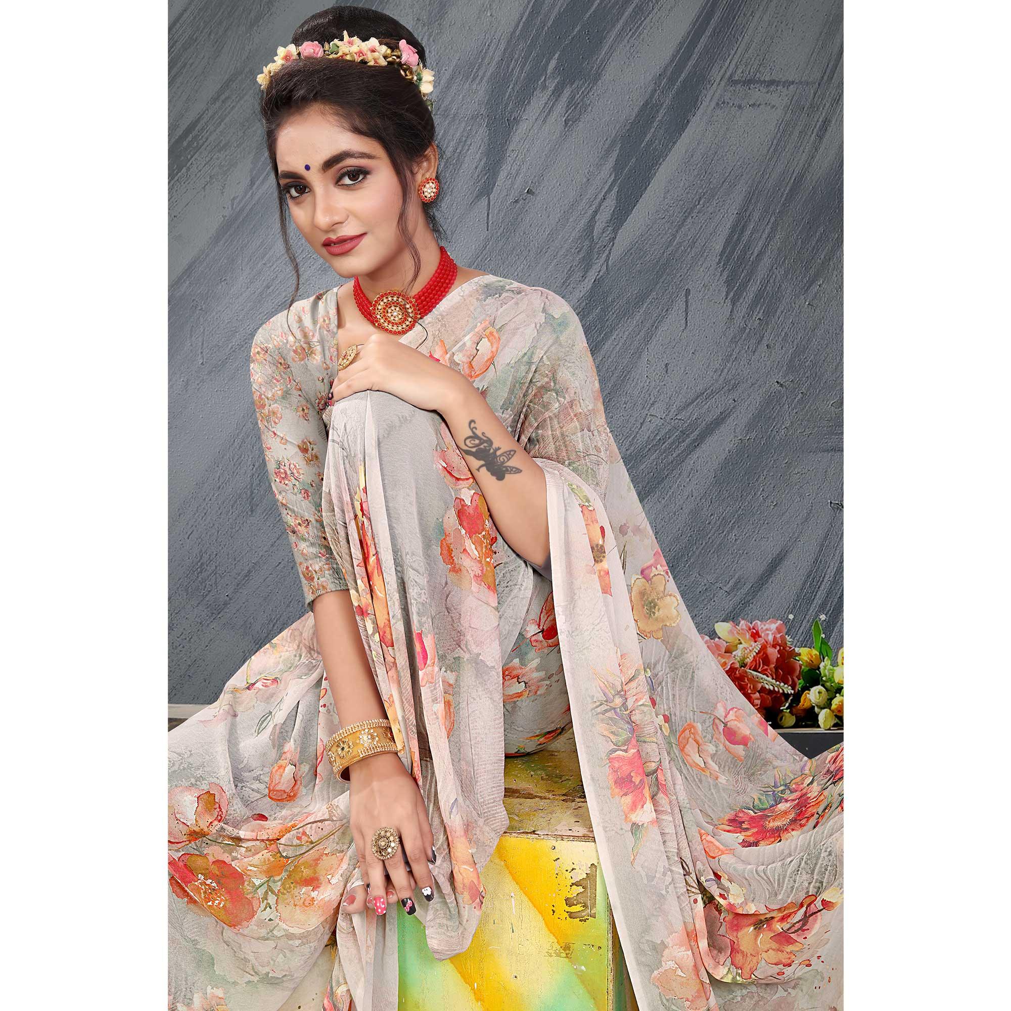 Grey Digital Printed Georgette Saree - Peachmode