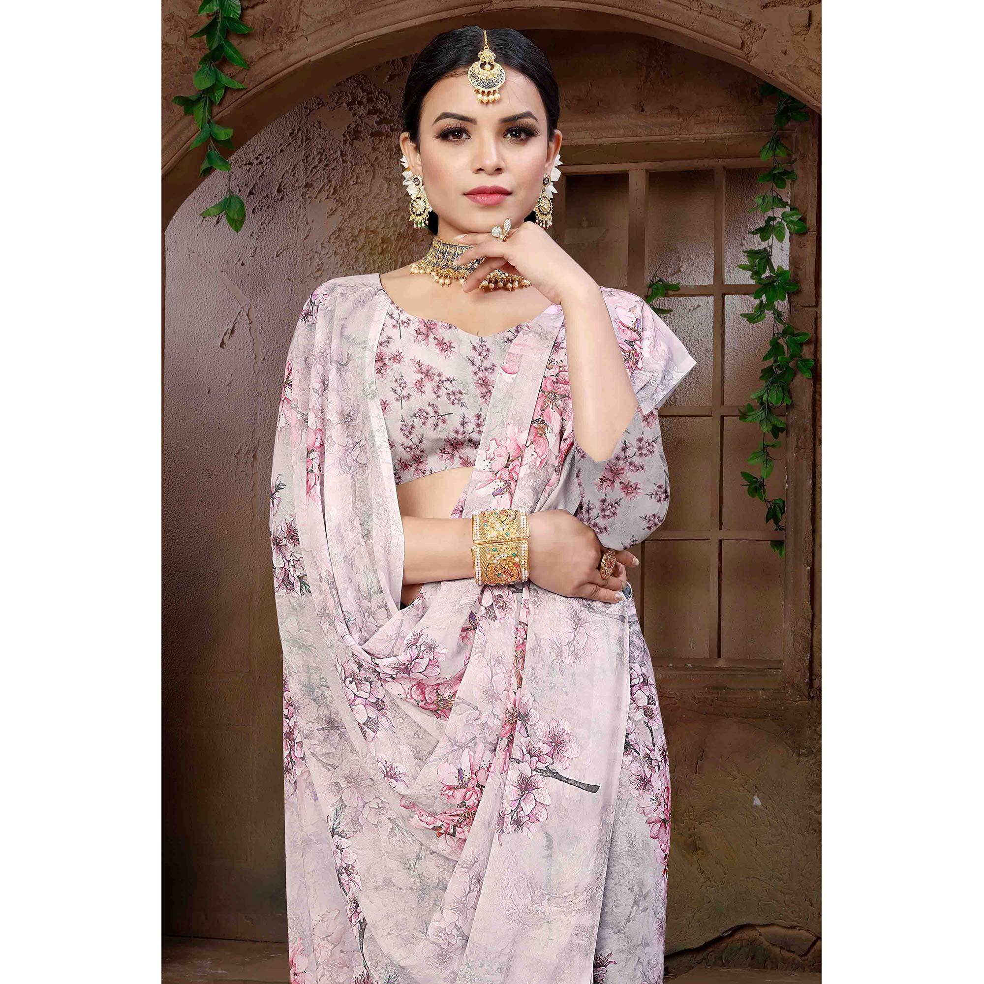 Grey Digital Printed Georgette Saree - Peachmode