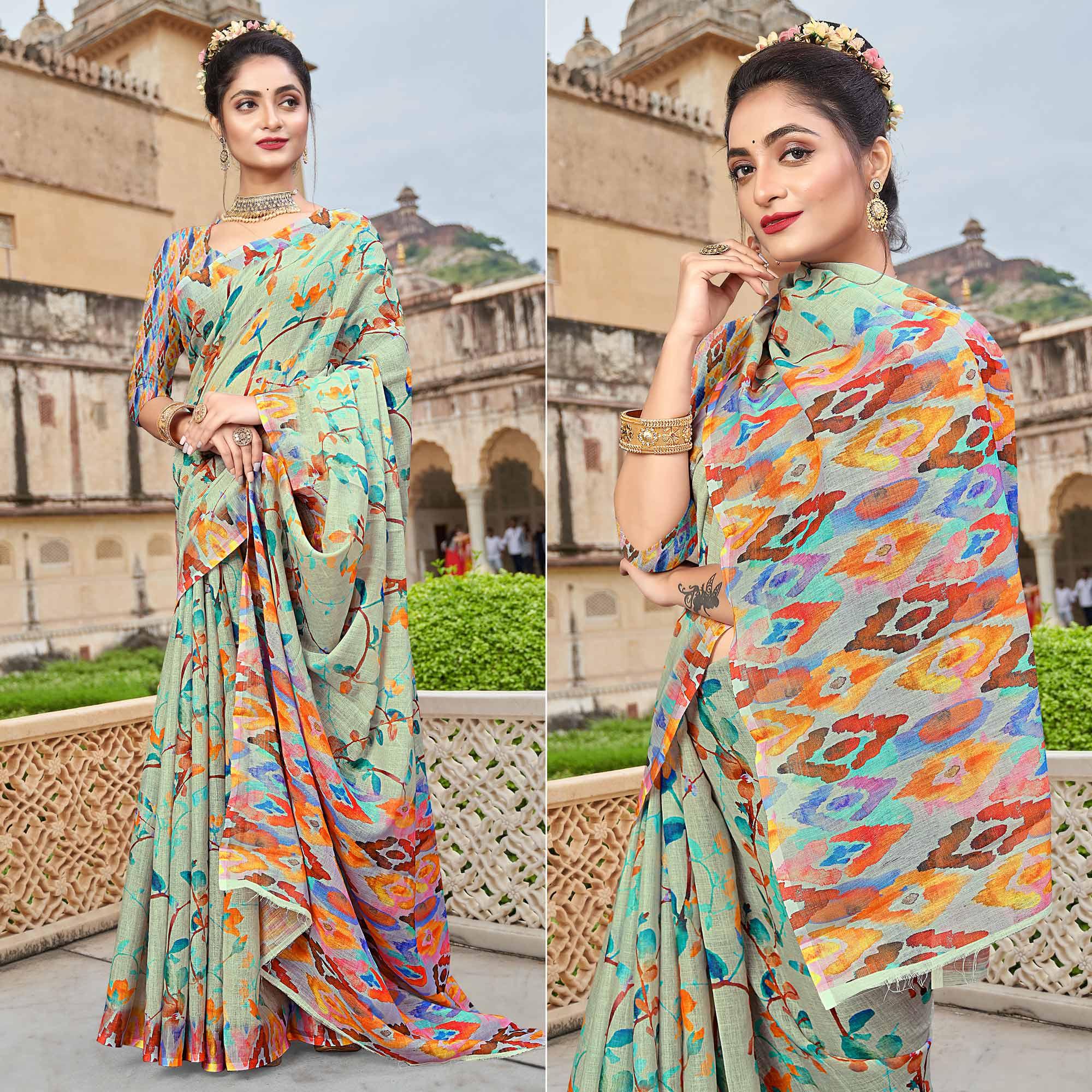 Grey Digital Printed Linen Saree - Peachmode