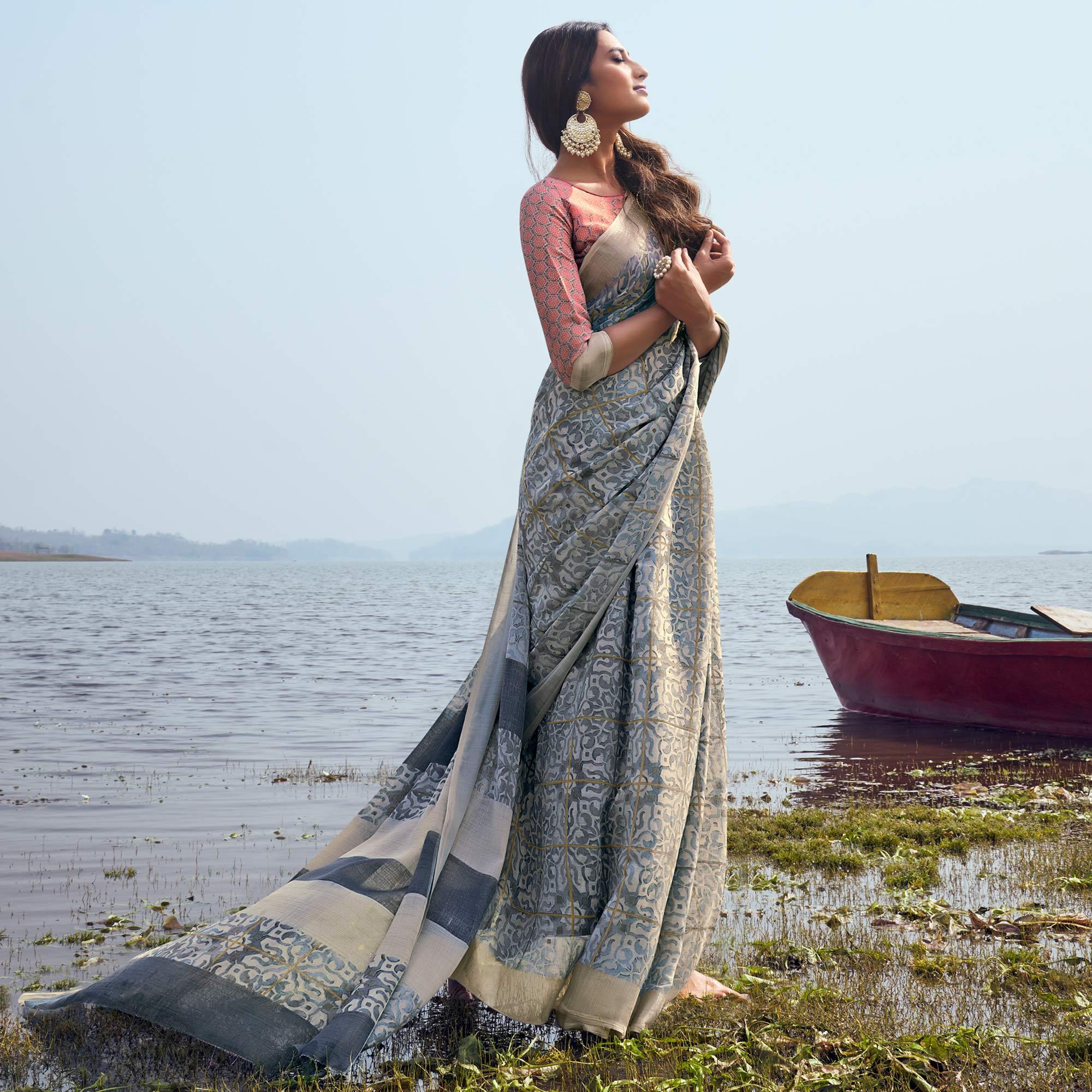 Grey Digital Printed Linen Saree - Peachmode