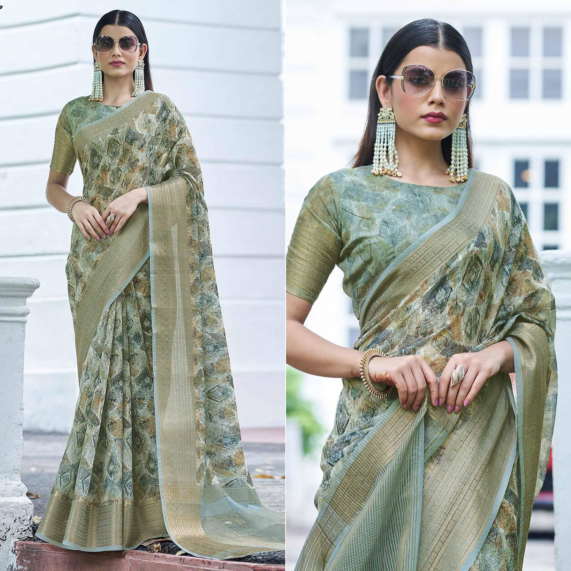 Grey Digital Printed Linen Saree - Peachmode
