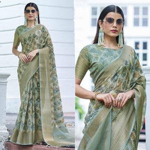Grey Digital Printed Linen Saree - Peachmode