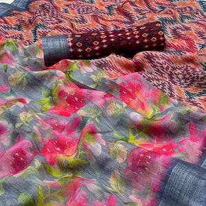 Grey Digital Printed Linen Saree - Peachmode