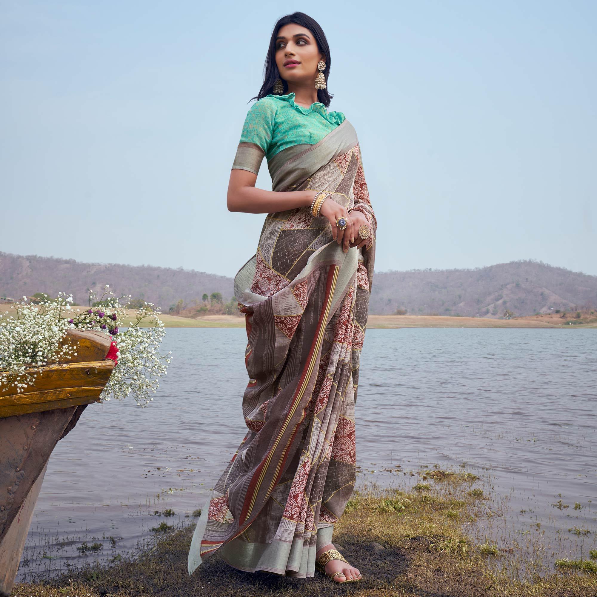 Grey Digital Printed Linen Saree - Peachmode