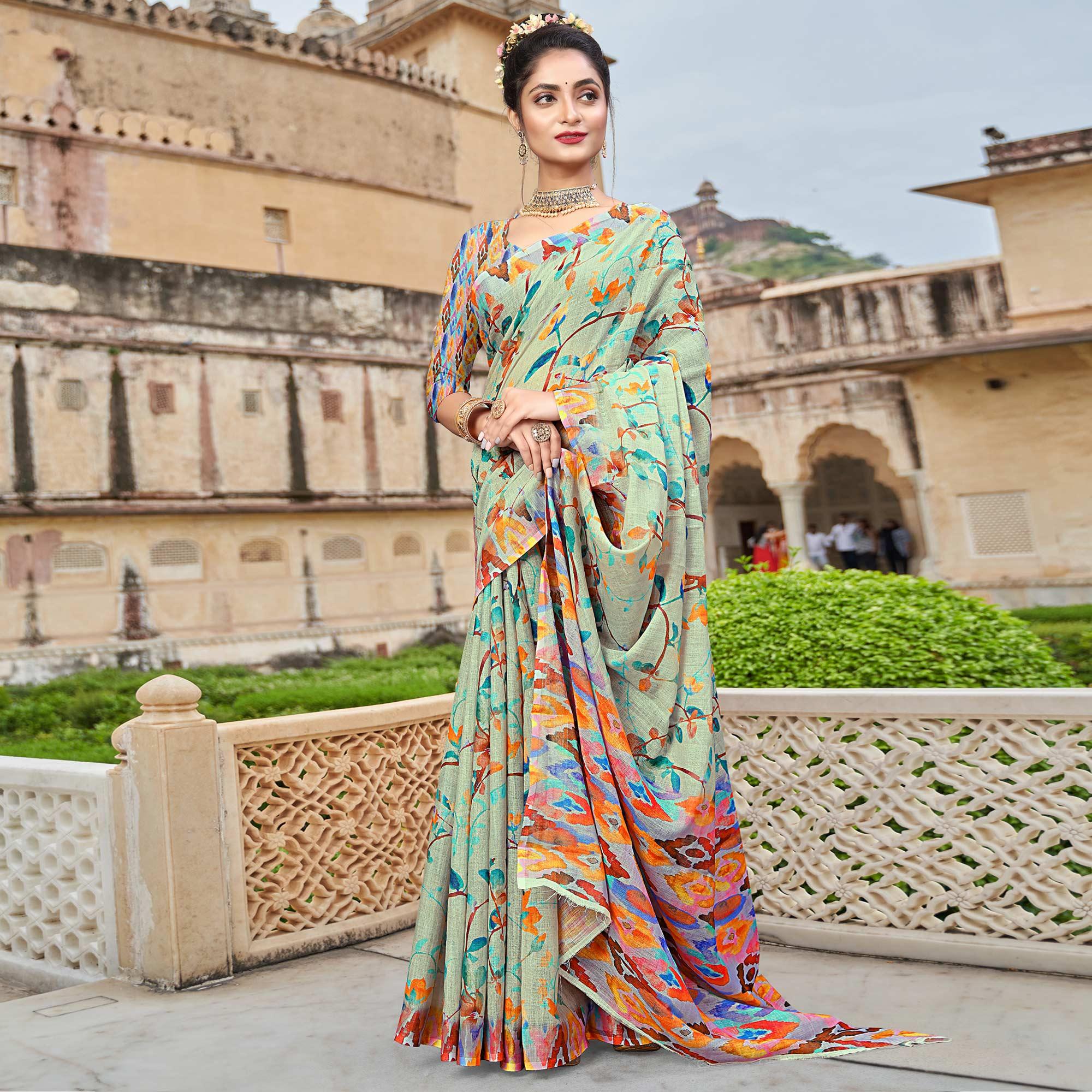 Grey Digital Printed Linen Saree - Peachmode