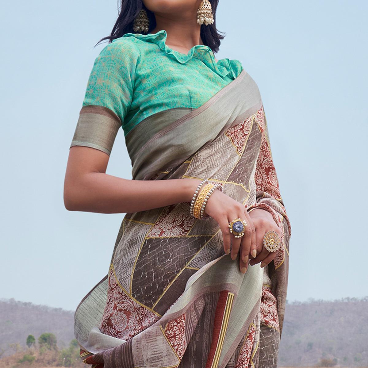 Grey Digital Printed Linen Saree - Peachmode