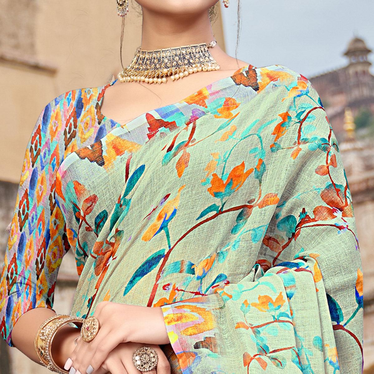 Grey Digital Printed Linen Saree - Peachmode