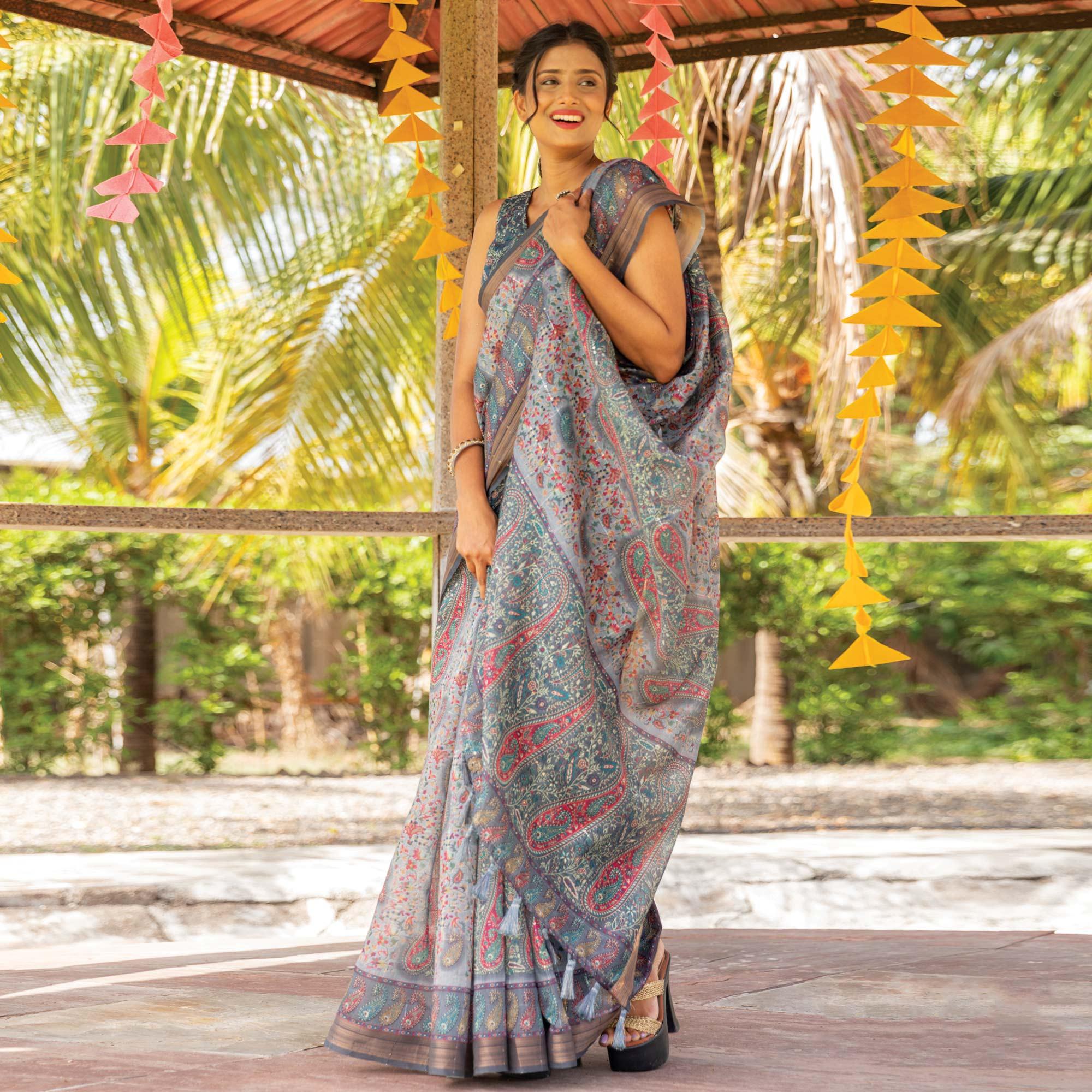 Grey Digital Printed Linen Saree With Tassels - Peachmode