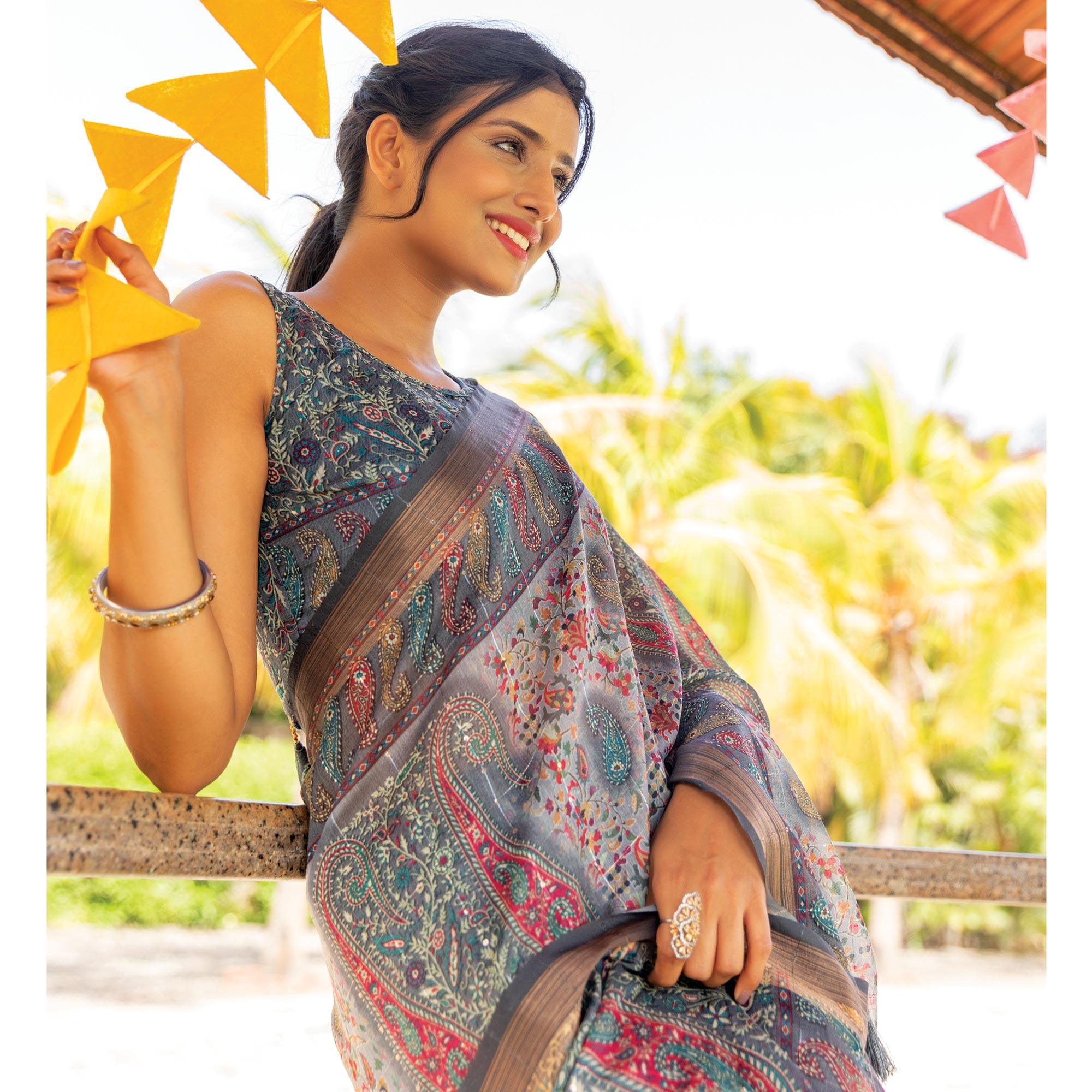 Grey Digital Printed Linen Saree With Tassels - Peachmode