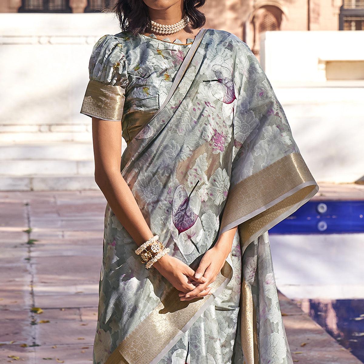 Grey Digital Printed Poly Cotton Saree - Peachmode