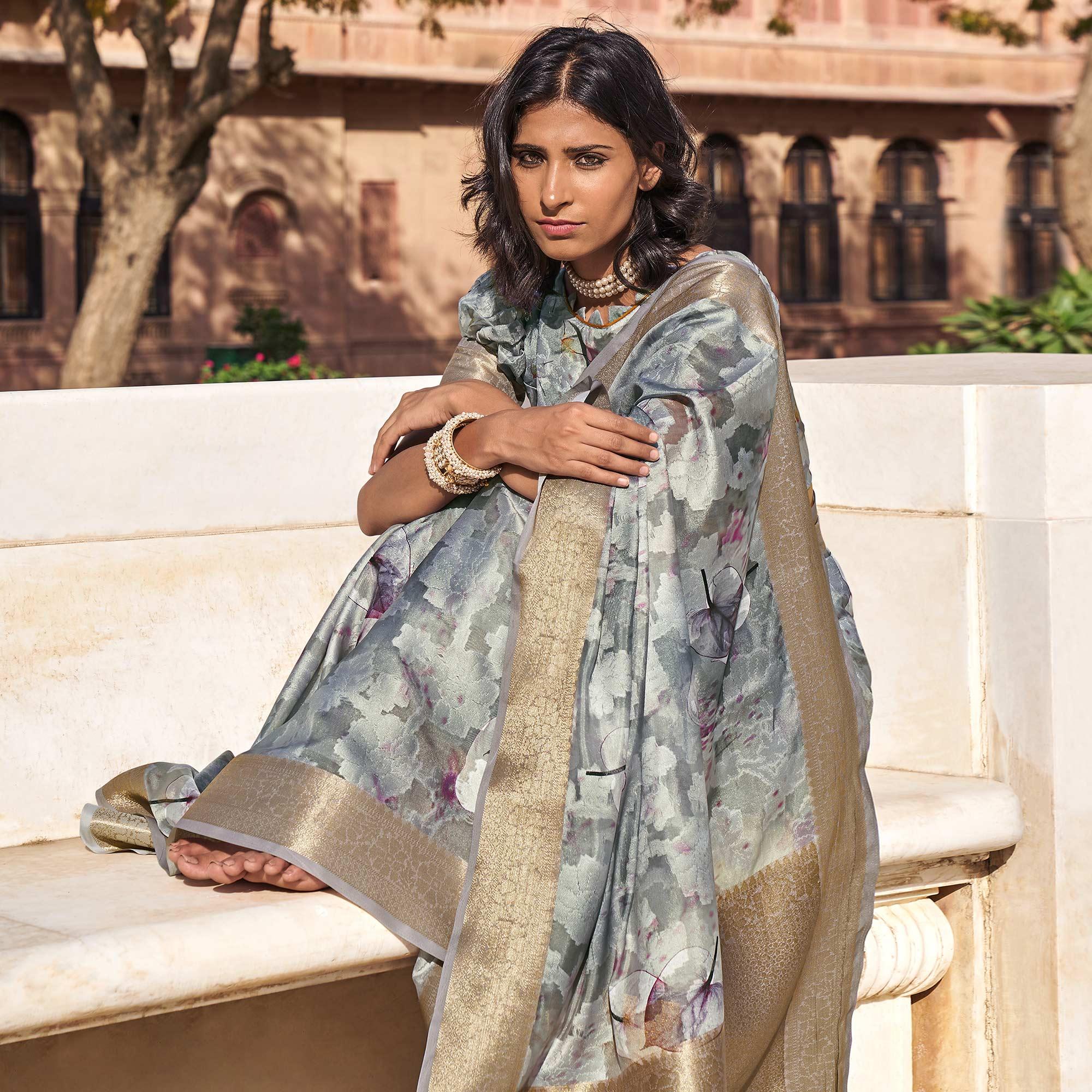 Grey Digital Printed Poly Cotton Saree - Peachmode