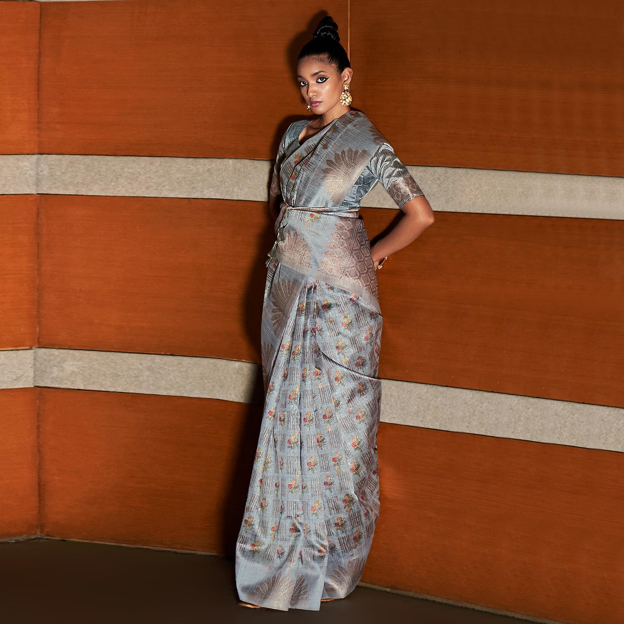 Grey digital Printed Raw Silk Saree With Tassels - Peachmode