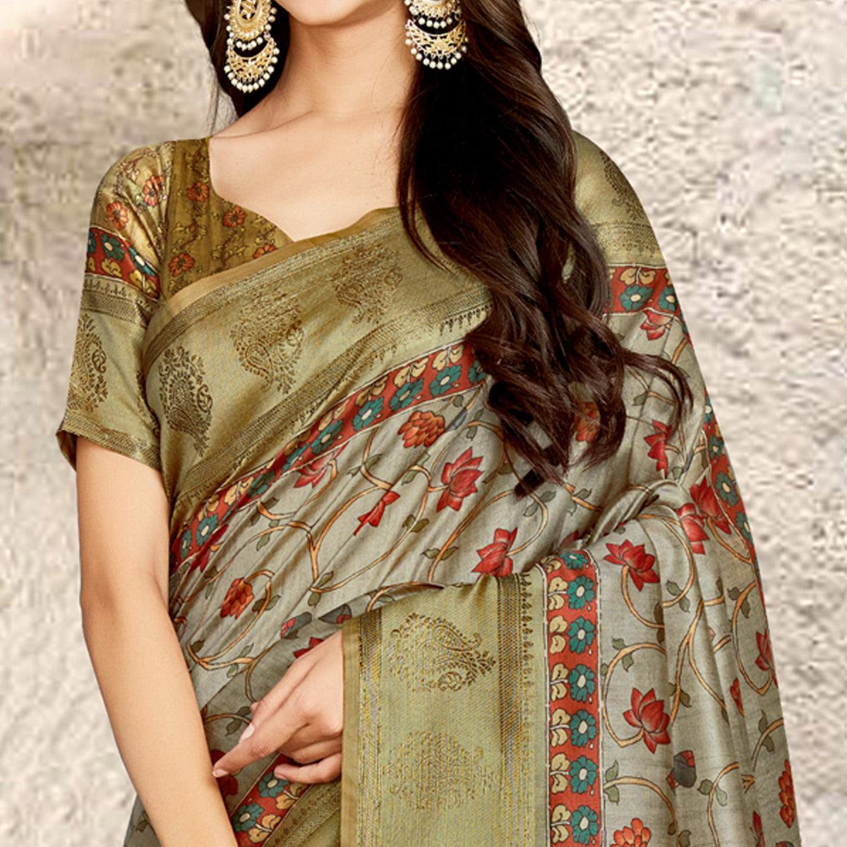 Grey Digital Printed Tussar Silk Saree With Tassels - Peachmode