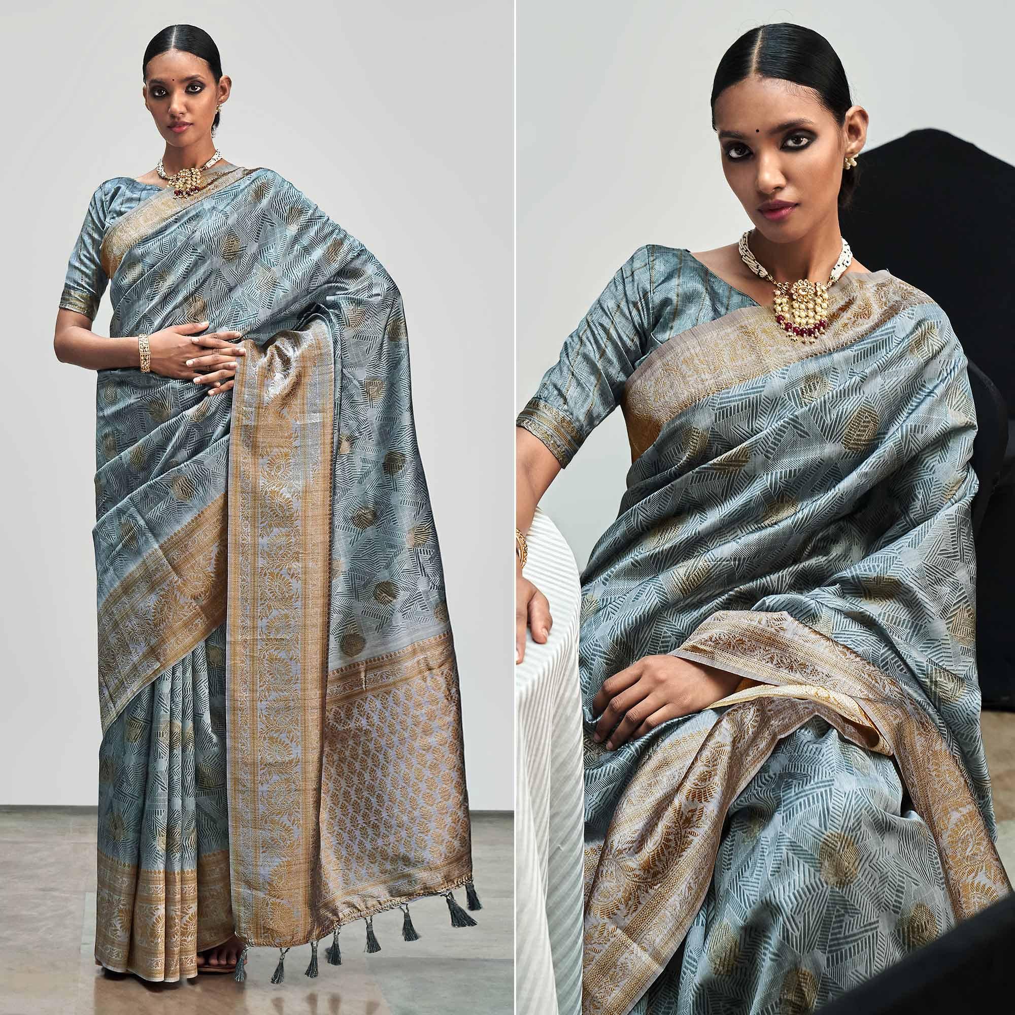 Grey Digital Printed With Woven Border Art Silk Saree - Peachmode
