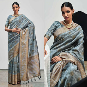 Grey Digital Printed With Woven Border Art Silk Saree - Peachmode