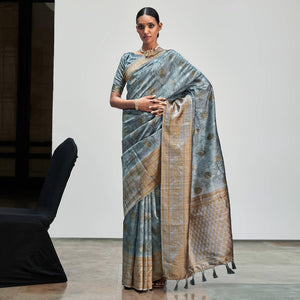 Grey Digital Printed With Woven Border Art Silk Saree - Peachmode