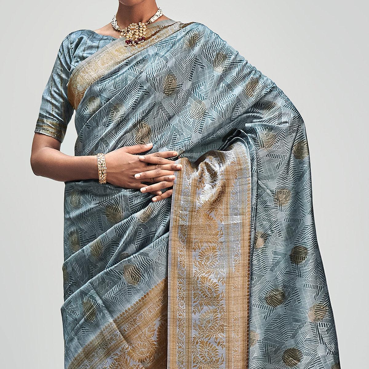 Grey Digital Printed With Woven Border Art Silk Saree - Peachmode