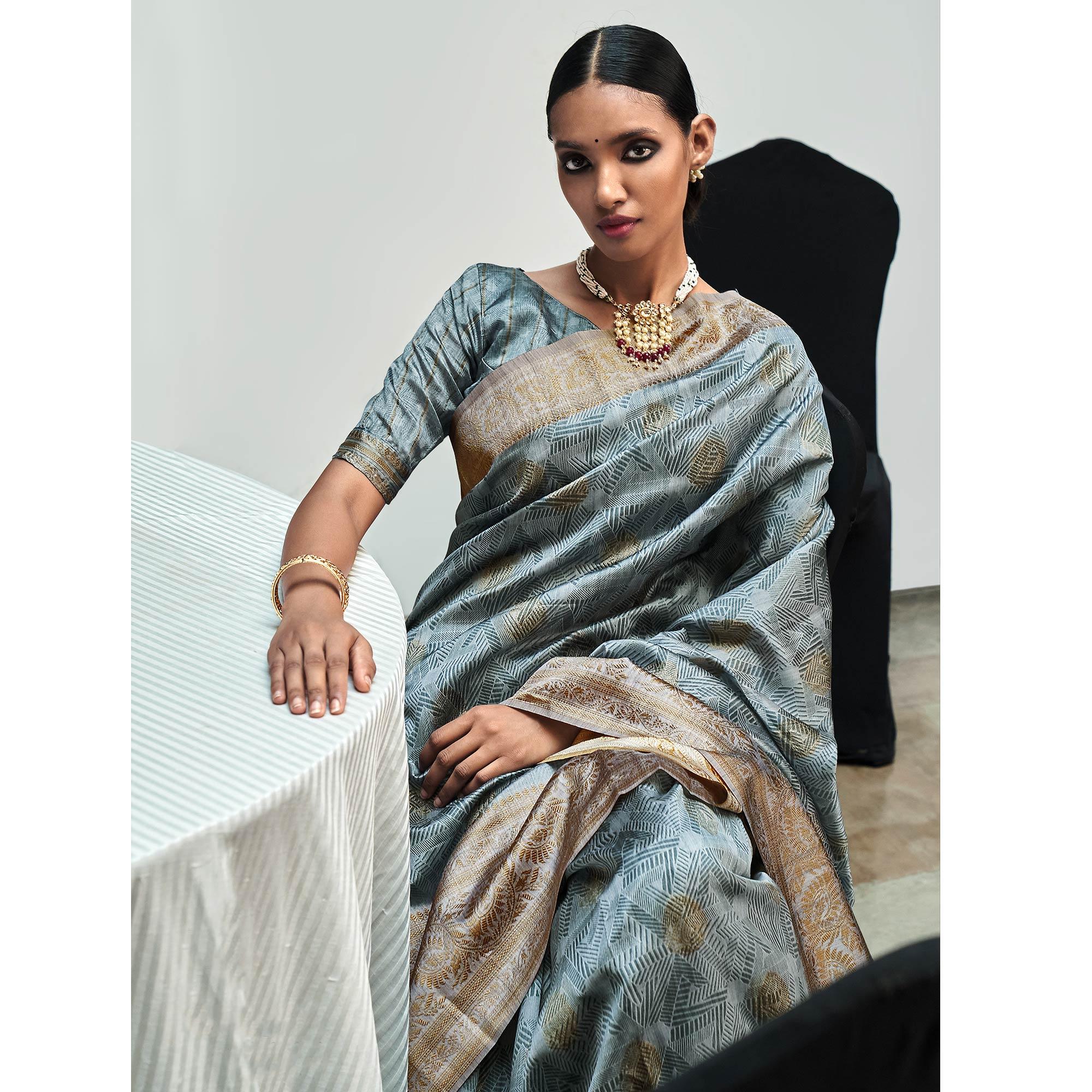 Grey Digital Printed With Woven Border Art Silk Saree - Peachmode