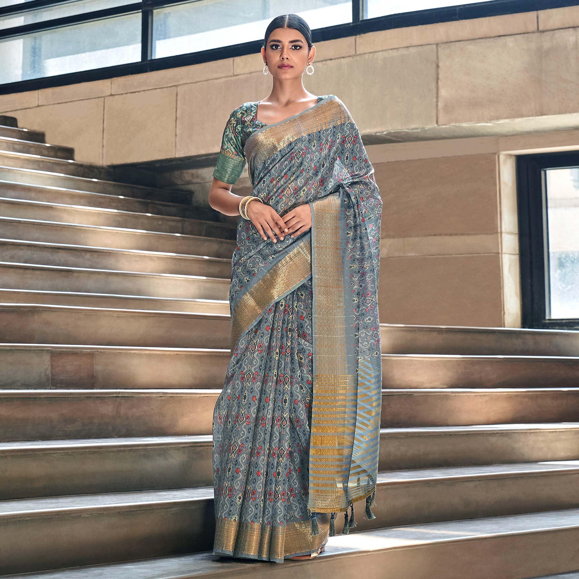 Grey Digital Printed-Woven Art Silk Saree With Tassels - Peachmode