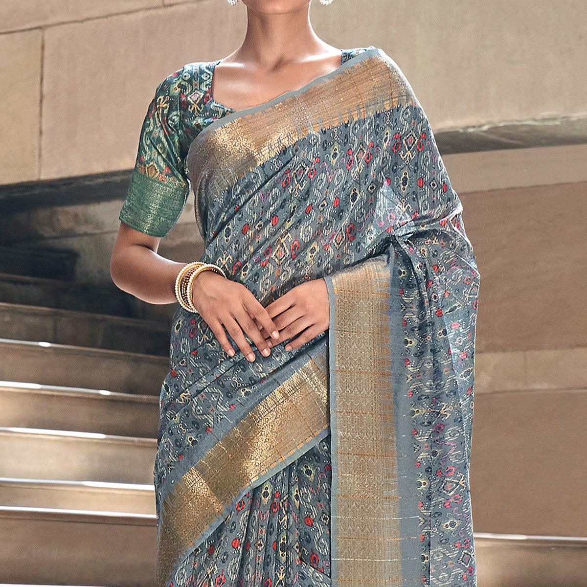 Grey Digital Printed-Woven Art Silk Saree With Tassels - Peachmode