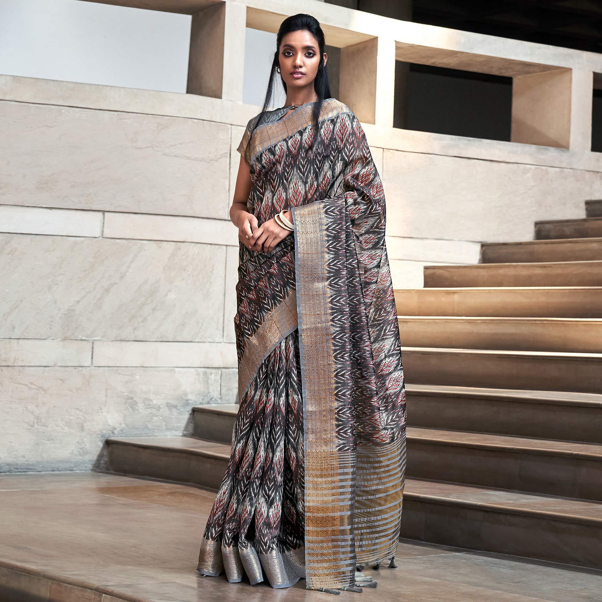 Grey Digital Printed-Woven Art Silk Saree With Tassels - Peachmode