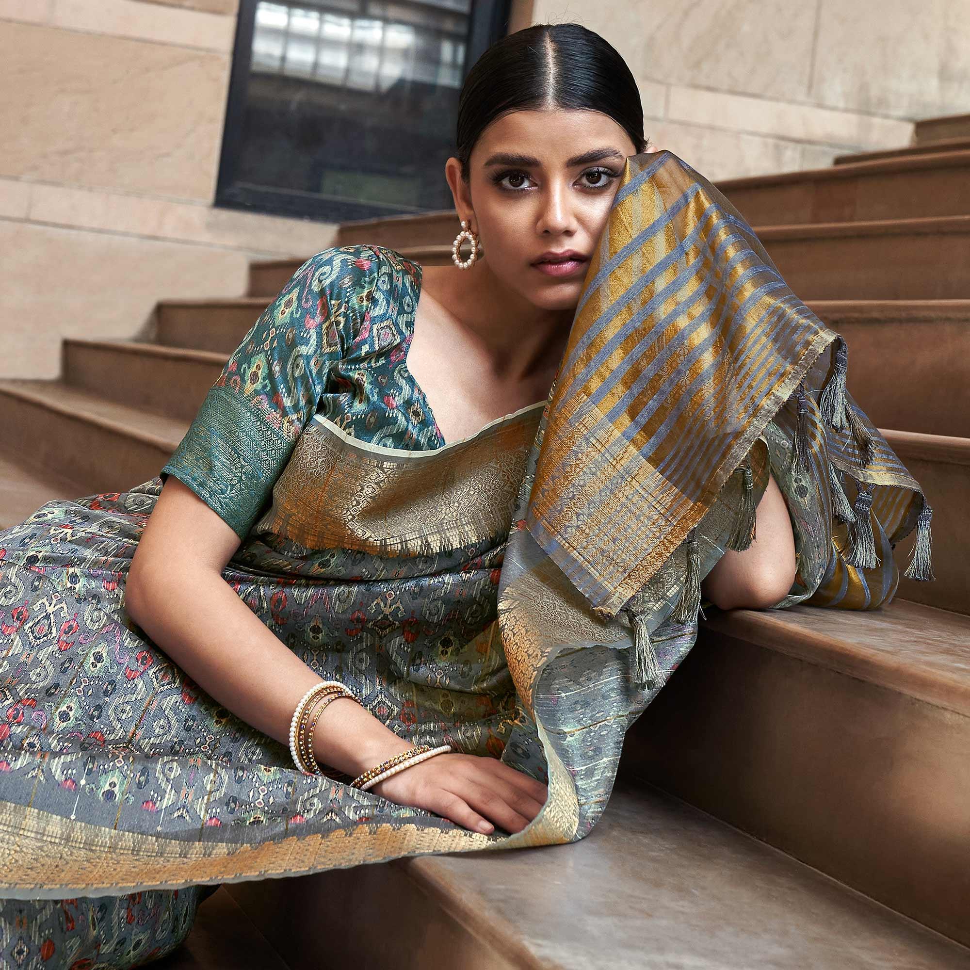 Grey Digital Printed-Woven Art Silk Saree With Tassels - Peachmode