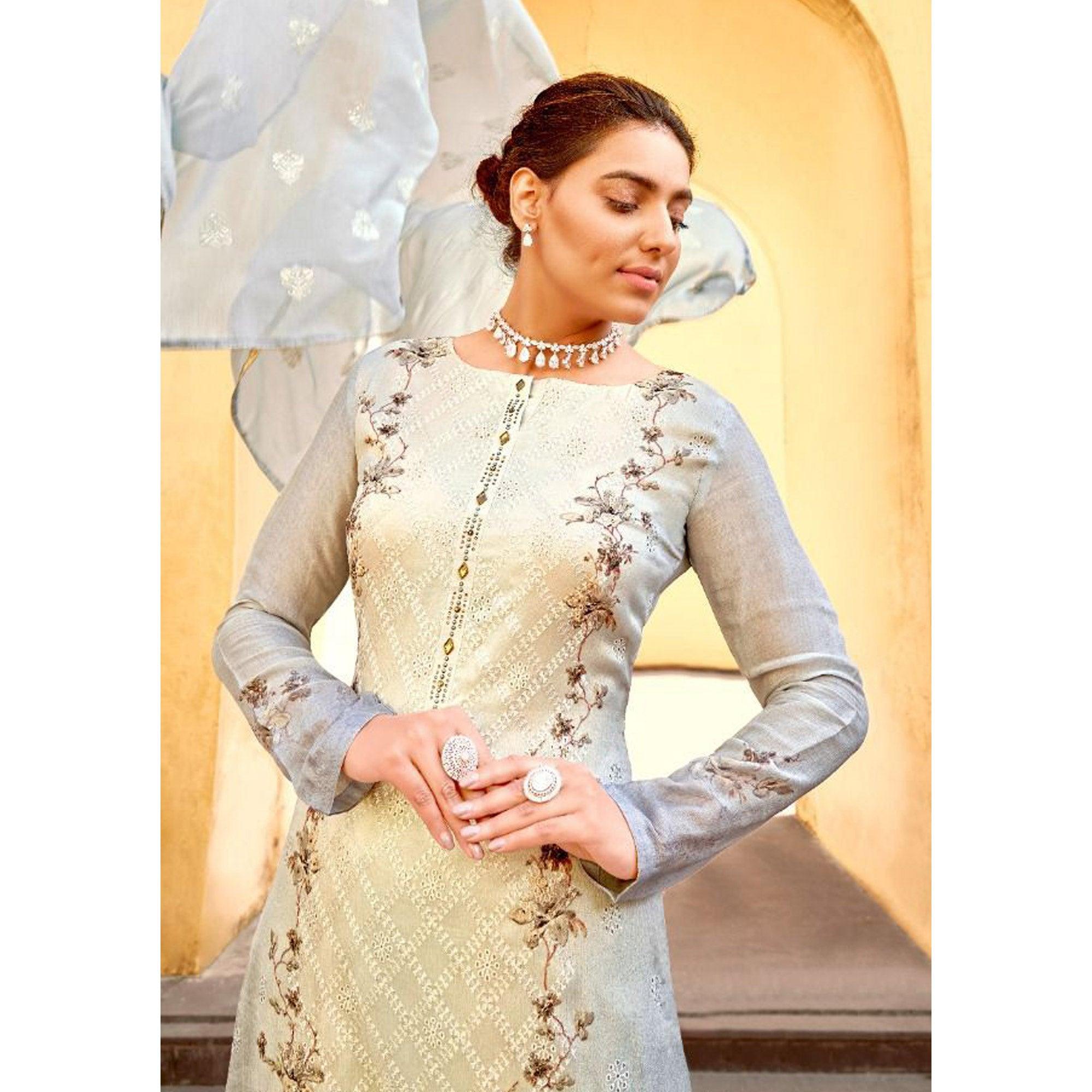 Grey Embellished & Embroidered Chiffon Partywear Suit - Peachmode