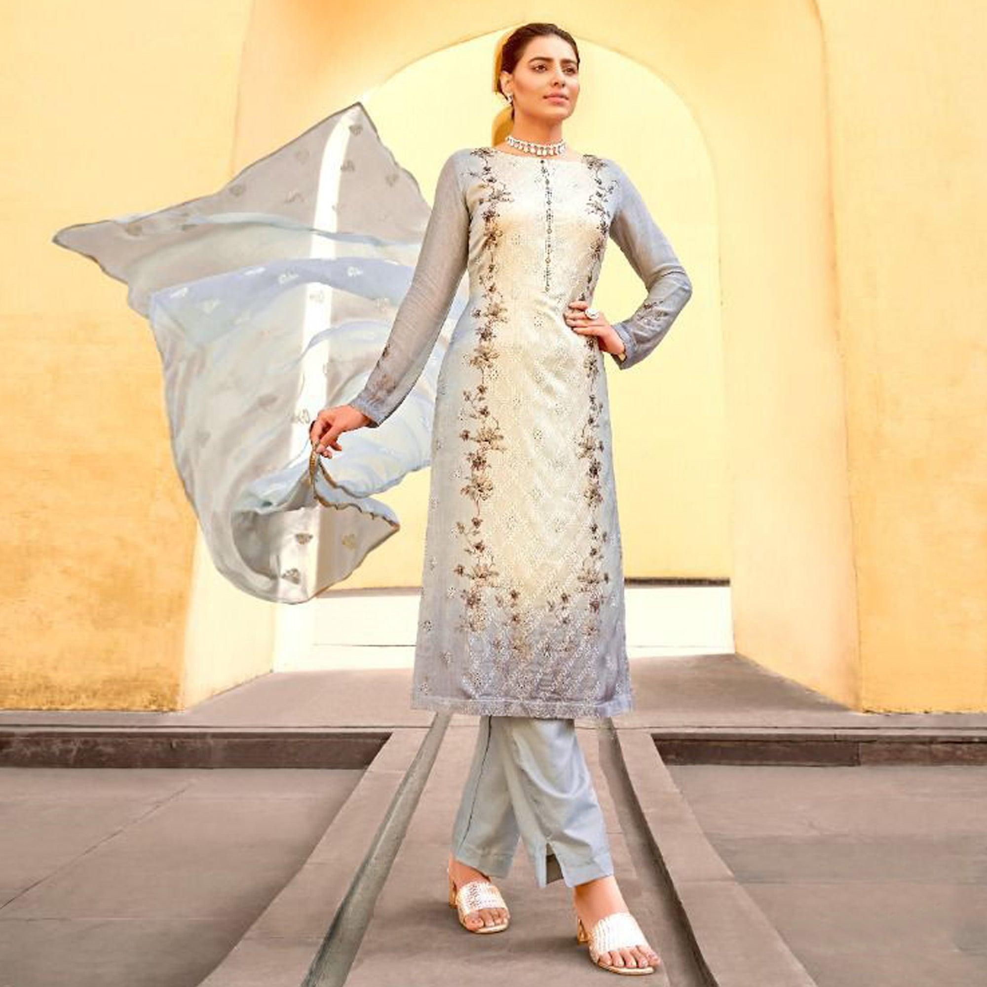 Grey Embellished & Embroidered Chiffon Partywear Suit - Peachmode