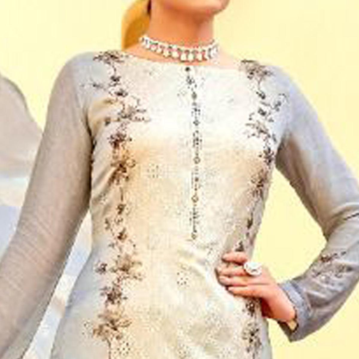 Grey Embellished & Embroidered Chiffon Partywear Suit - Peachmode