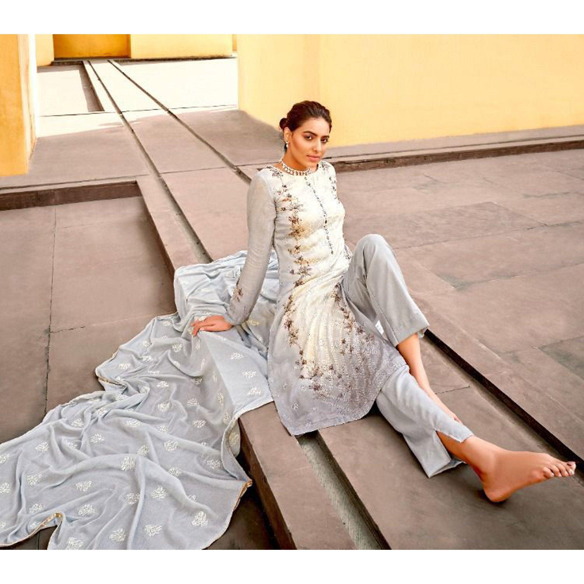 Grey Embellished & Embroidered Chiffon Partywear Suit - Peachmode