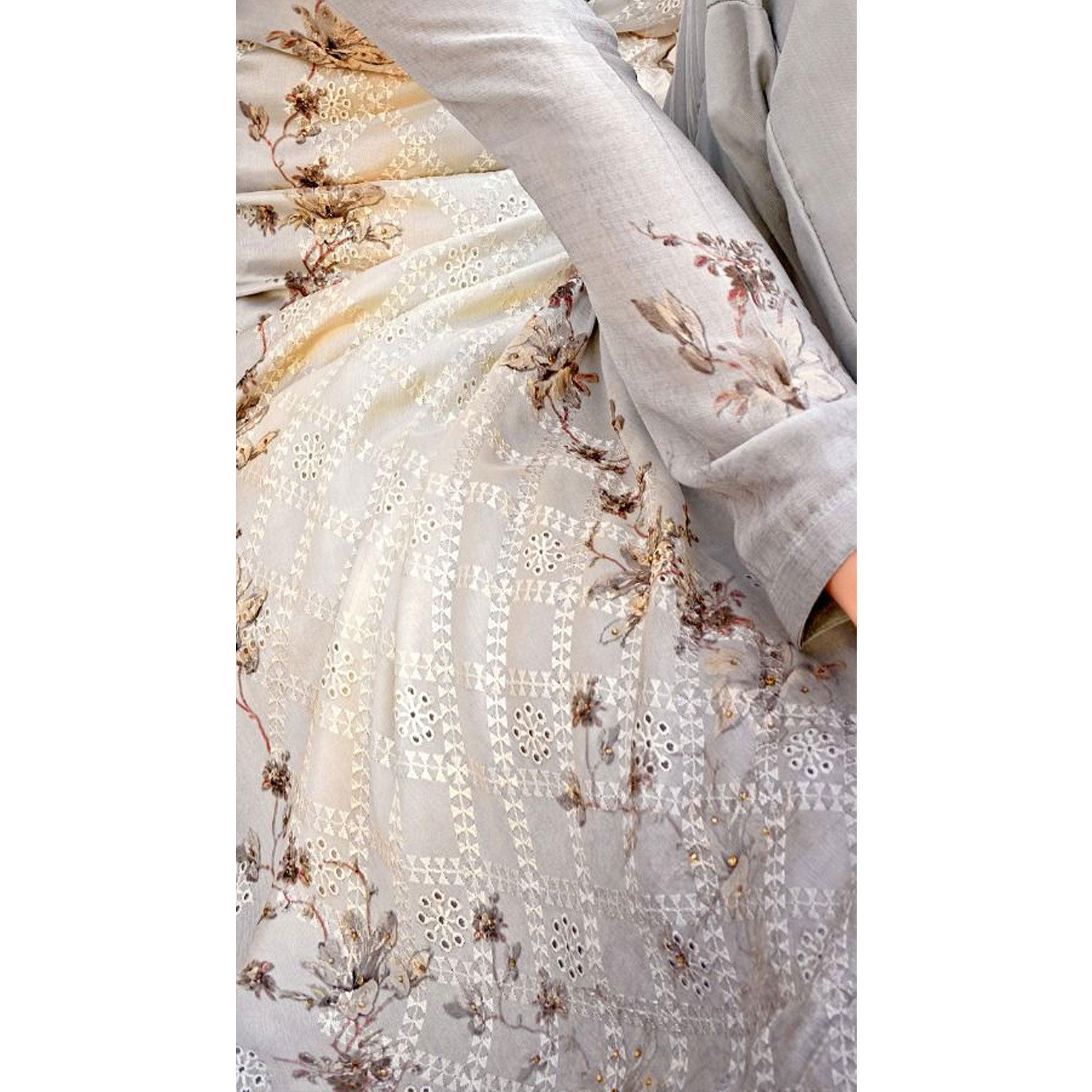Grey Embellished & Embroidered Chiffon Partywear Suit - Peachmode