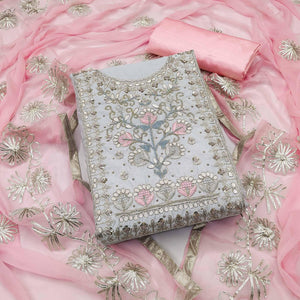 Grey Embellished Chanderi Dress Material - Peachmode