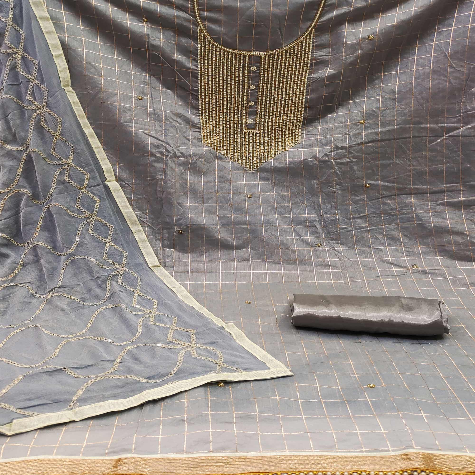 Grey Embellished Chanderi Dress Material - Peachmode