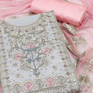 Grey Embellished Chanderi Dress Material - Peachmode