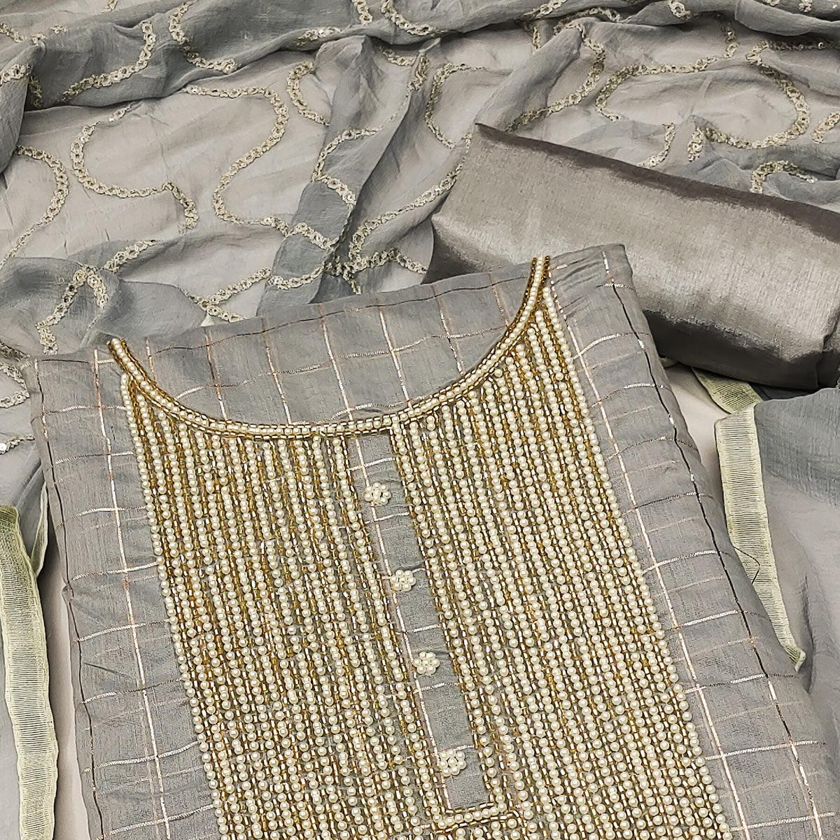 Grey Embellished Chanderi Dress Material - Peachmode