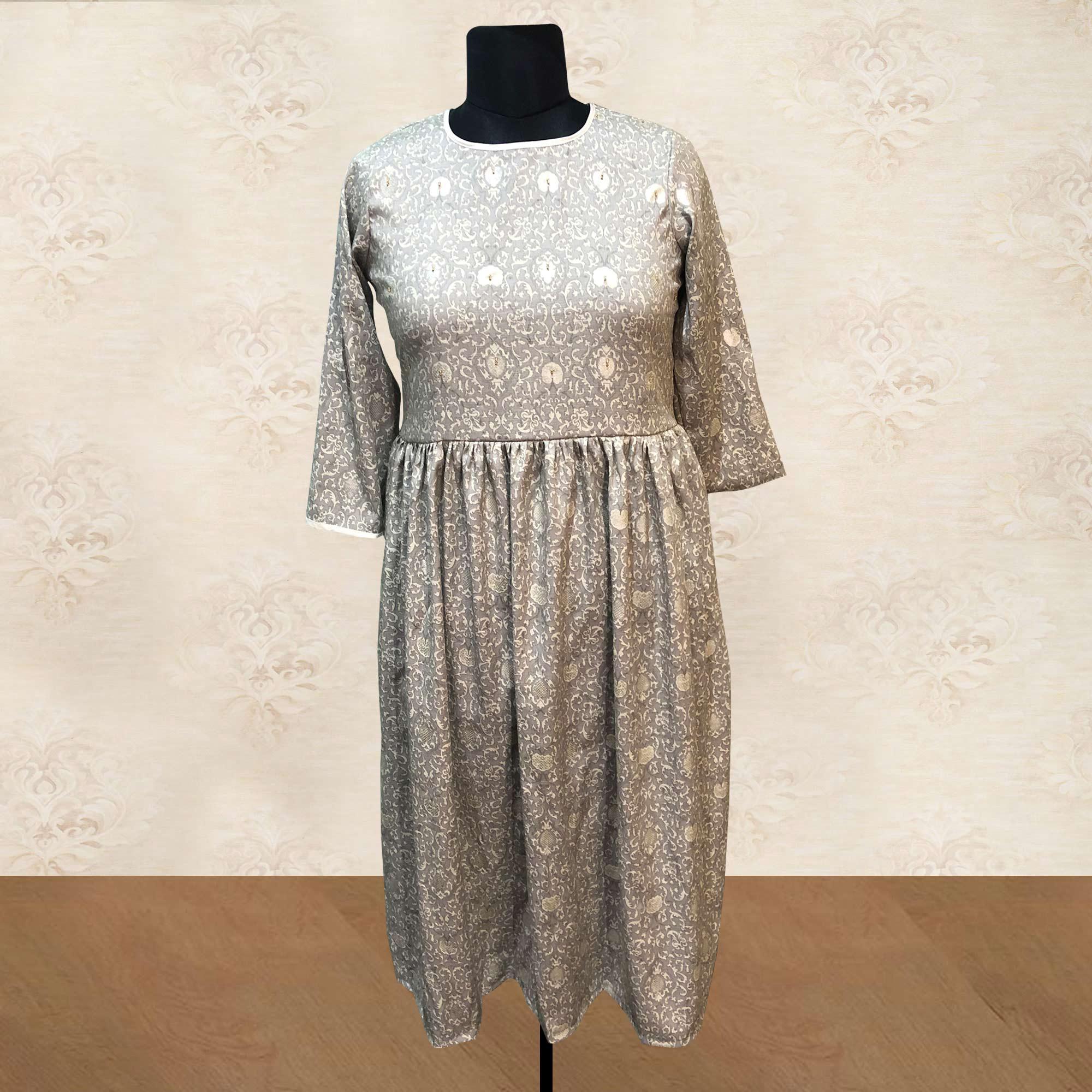 Grey Embellished-Printed Cotton Kurti - Peachmode