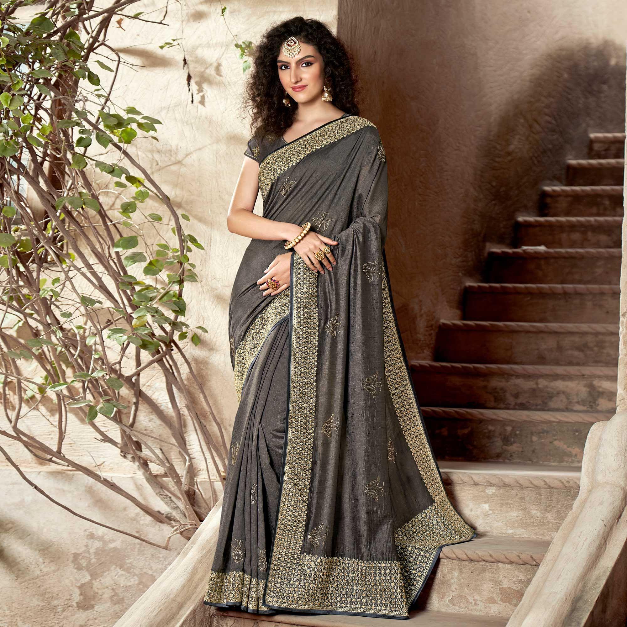 Grey Embellished Vichitra Silk Saree - Peachmode