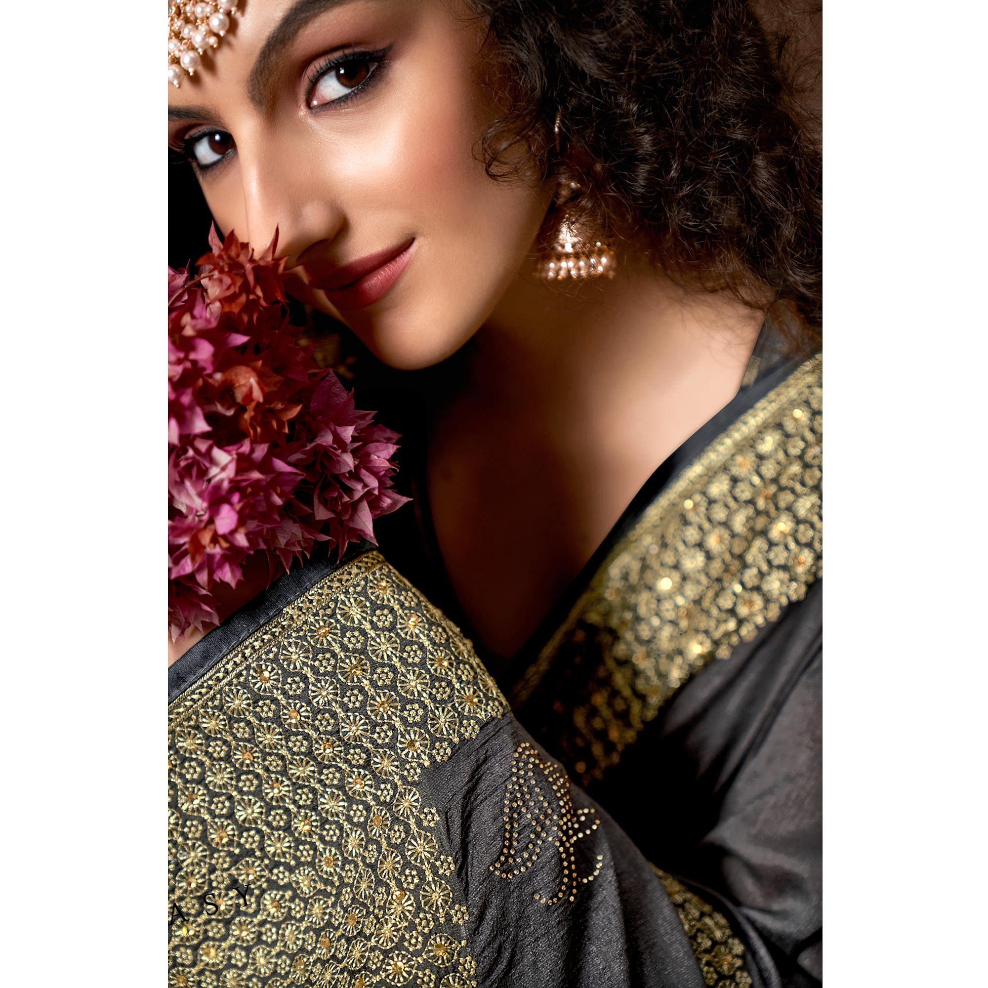 Grey Embellished Vichitra Silk Saree - Peachmode