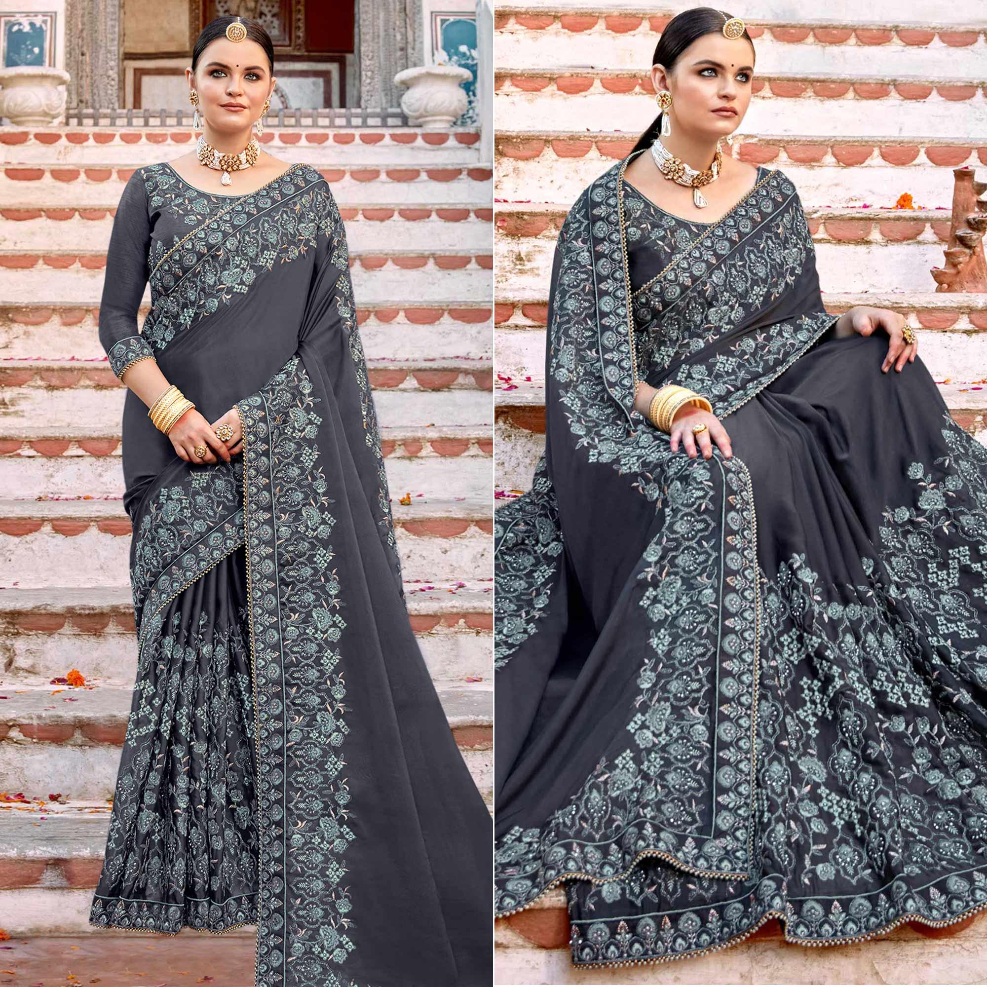 Grey Embellished With Embroidered Art Silk Saree - Peachmode