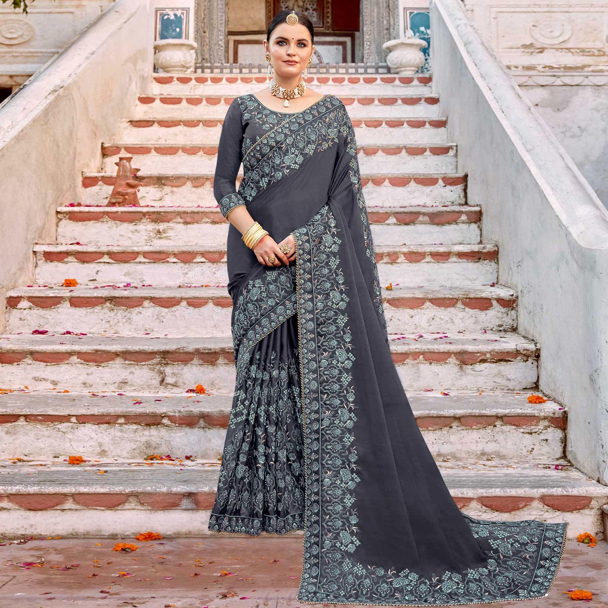 Grey Embellished With Embroidered Art Silk Saree - Peachmode